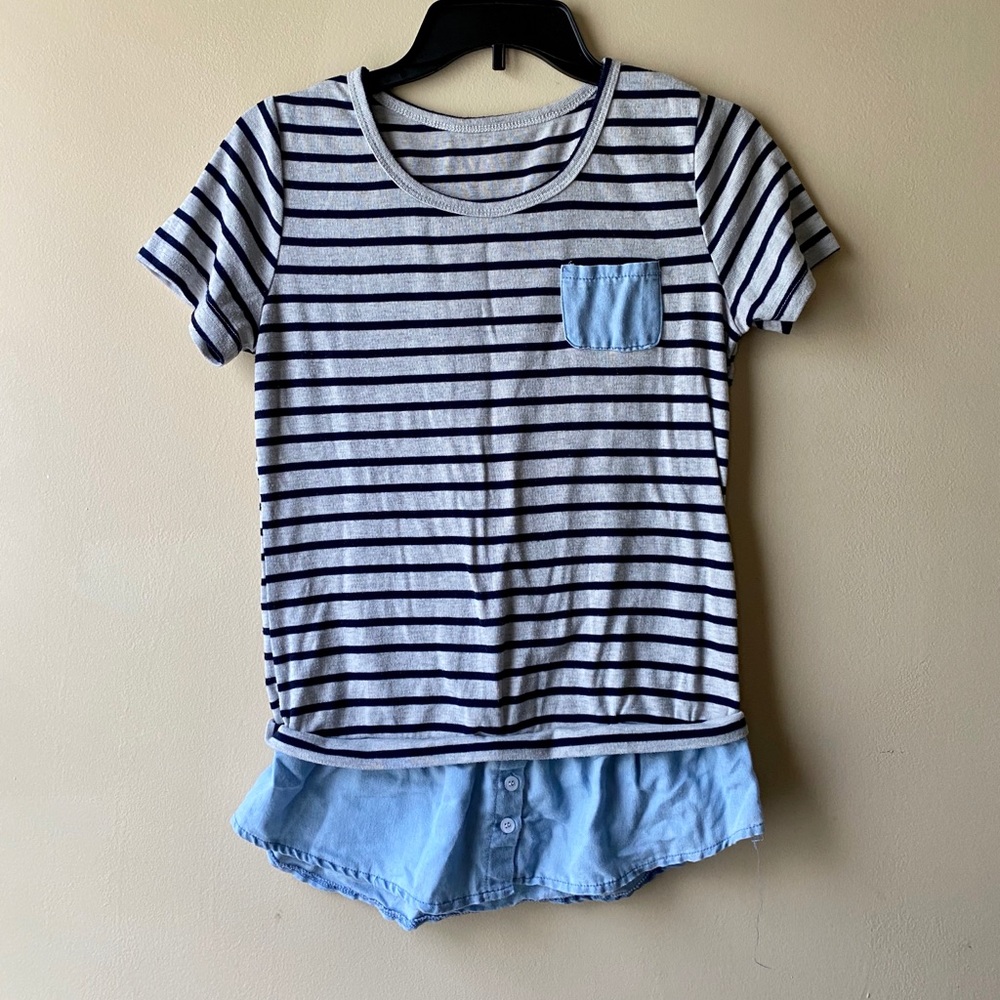 Blue striped shirt sleeved shirt w/ mini skirt